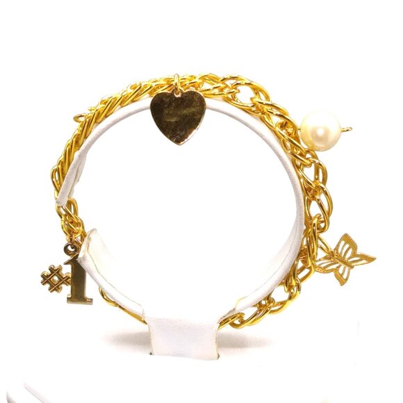 Dainty Curb Link Bracelet with 4 Charms, Vintage Gold Tone Chain Bangle - Picture 1 of 4